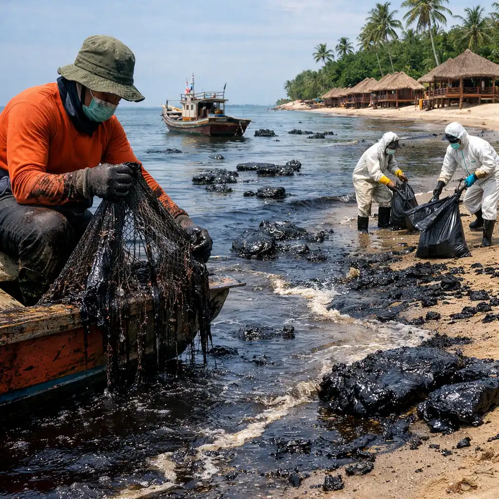 Limbah Minyak Hitam Ganggu Aktivitas Nelayan dan Pariwisata di Bintan